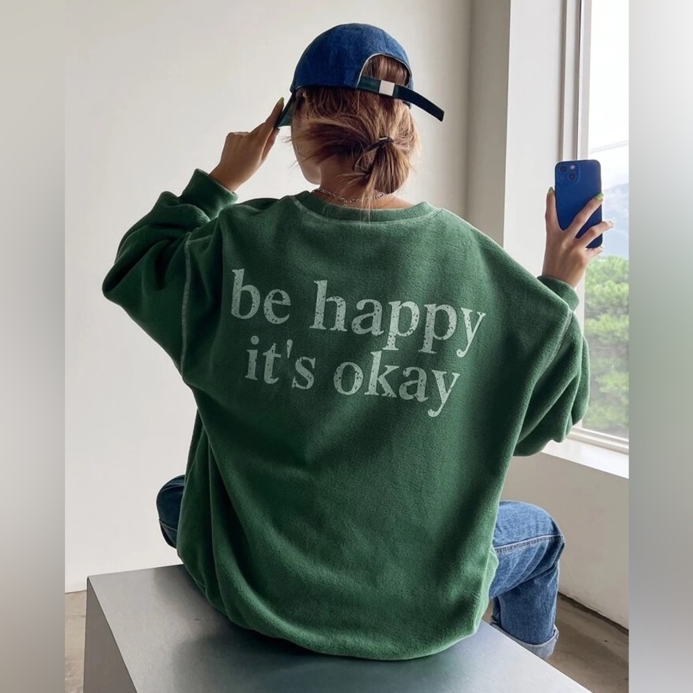 DAZY Kpop Slogan Graphic Drop Shoulder Fleece Oversized Sweatshirt Size: L